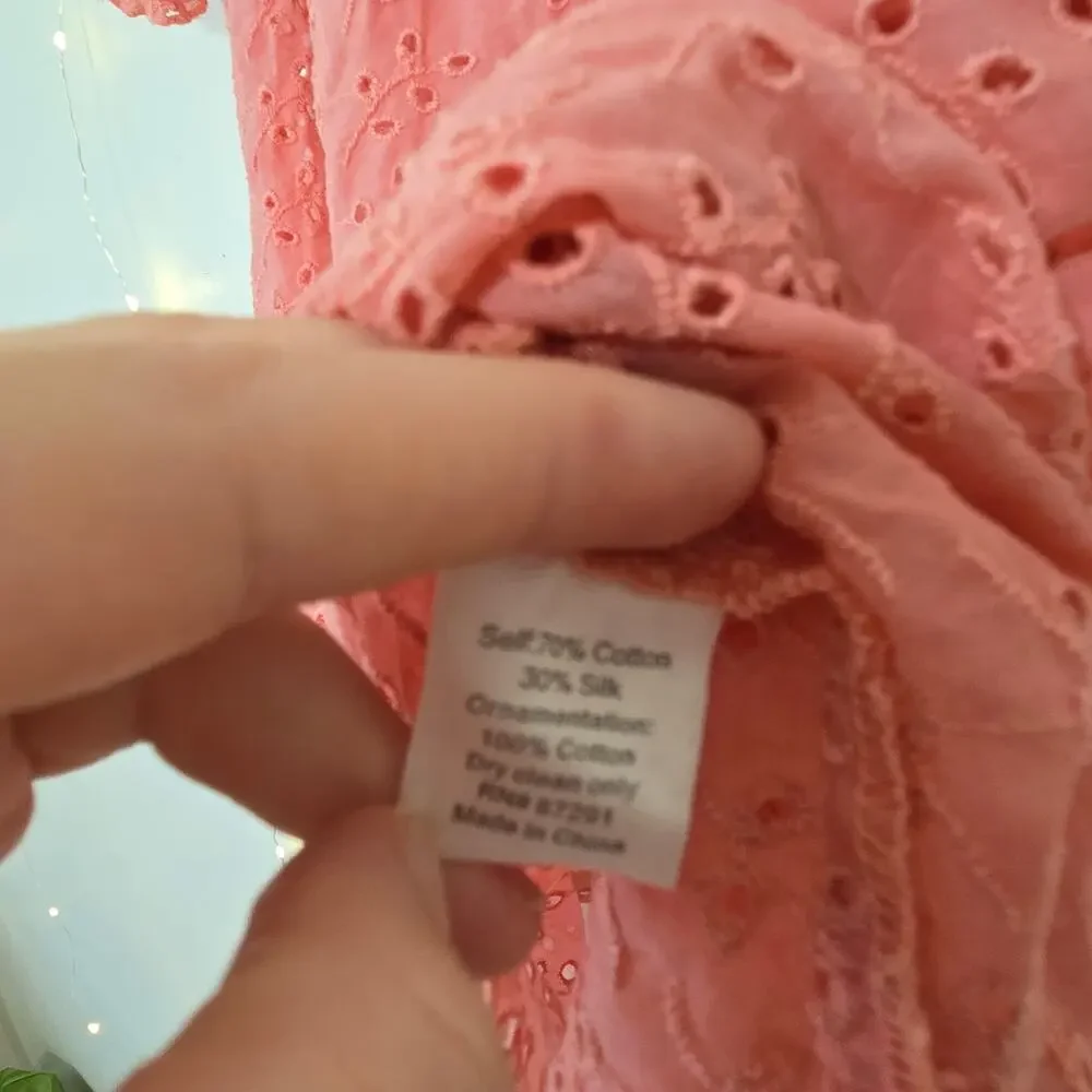 JOHNNY WAS 4 LOVE AND LIBERTY Silk Blend Eyelet Embroidered Blouse Small Coral
